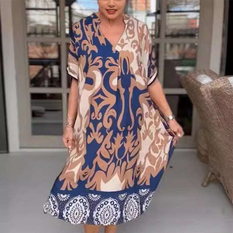 Vestido midi solto estampado gola alta