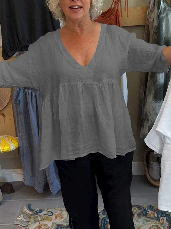 Top in cotone e lino con scollo a V profondo plissettato tinta unita e maniche a tre quarti