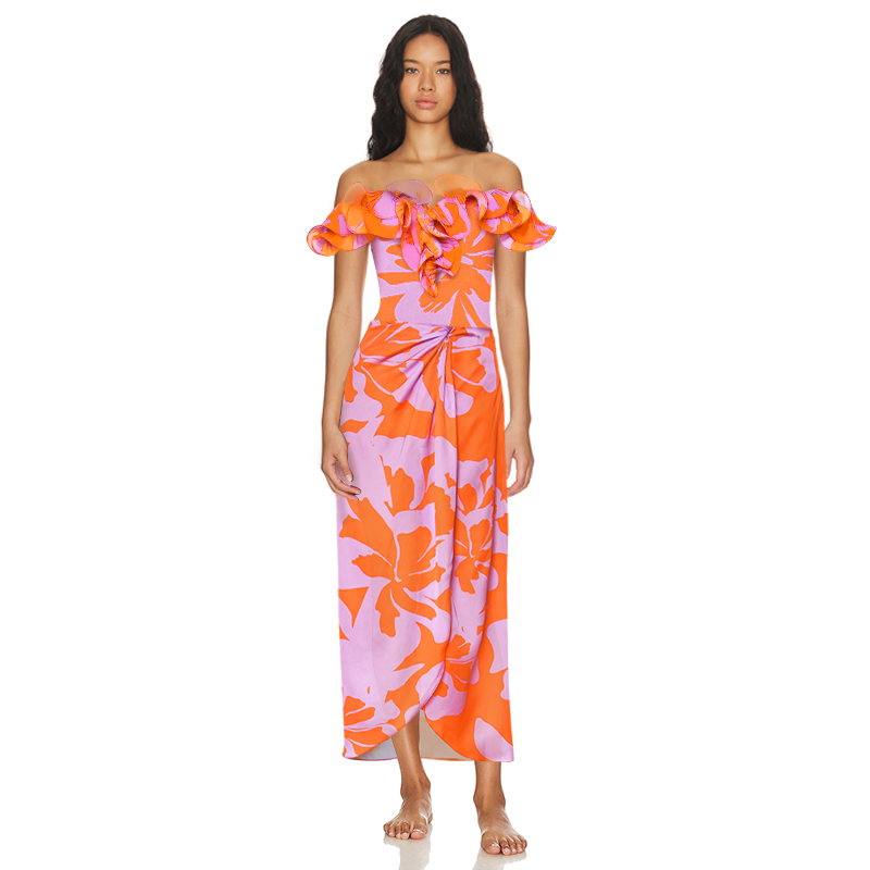 2025 New Off Shoulder Ruffled Printed One Piece Swimsuit and Skirt