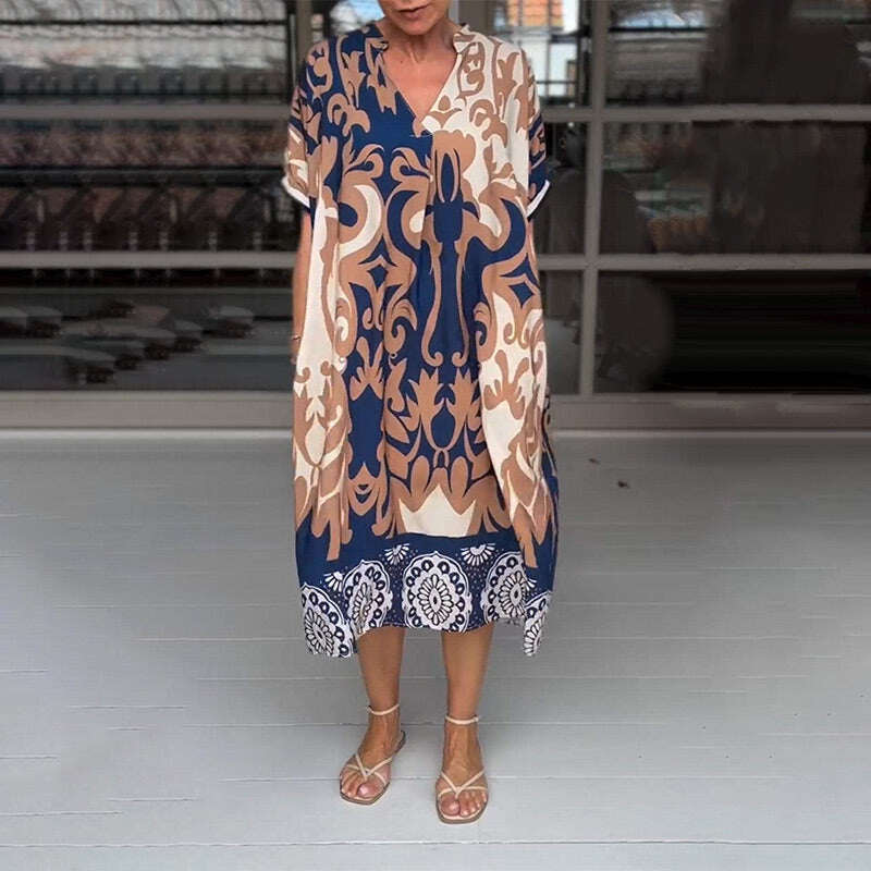 Vestido midi solto estampado gola alta