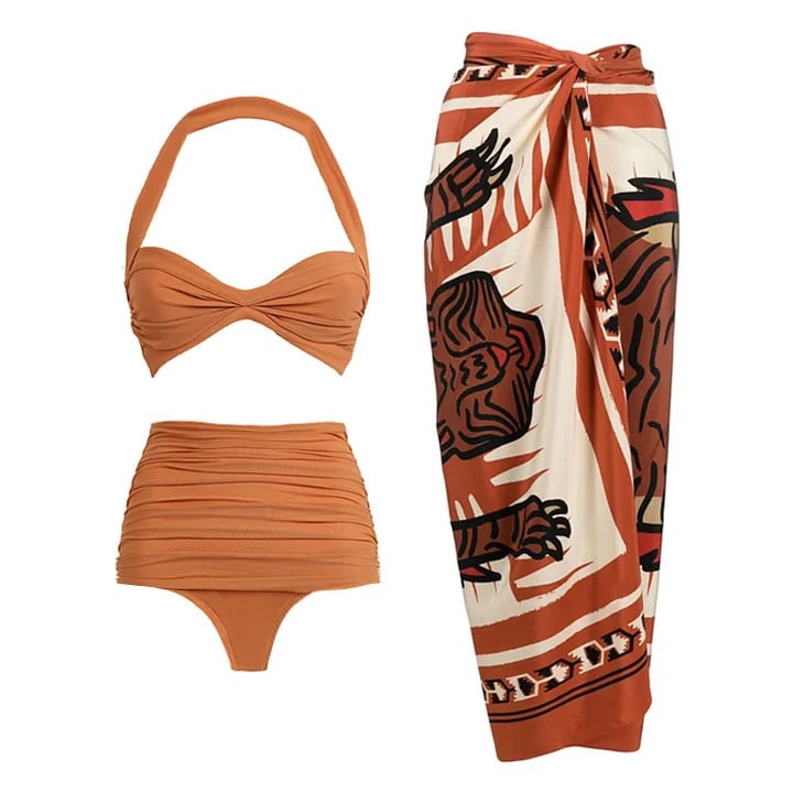 New design One Shoulder  Printed Wrap Skirt Swimsuit Set
