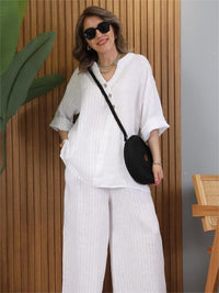Completo casual da donna in cotone e lino a righe
