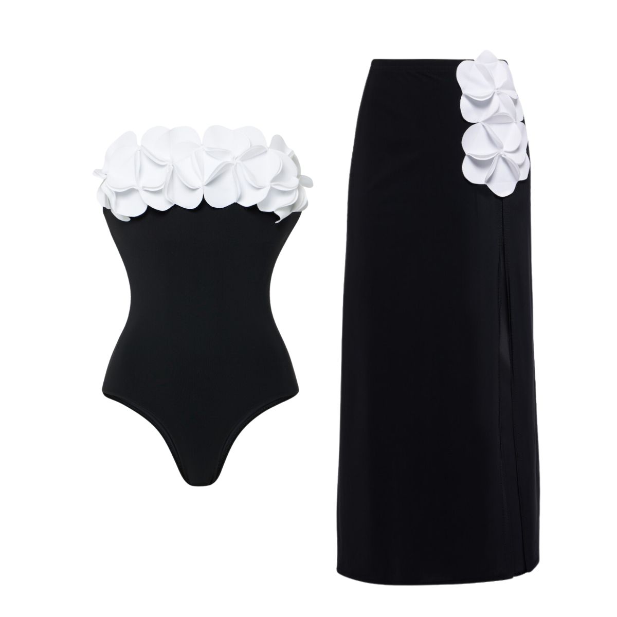 2025 New Bandeau 3D Flower Color Block One Piece Swimsuit And Skirt
