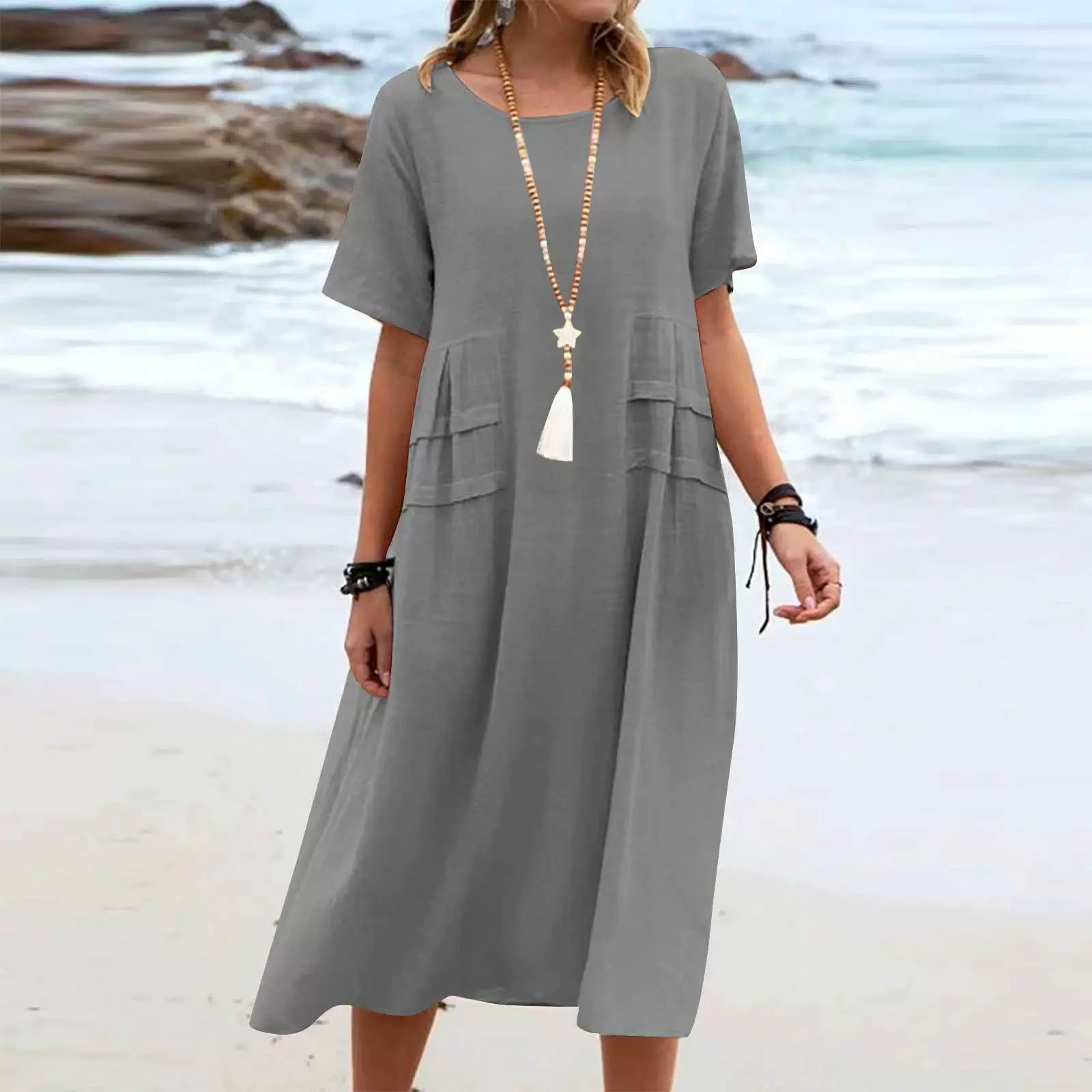 Vestido de algodão com gola redonda