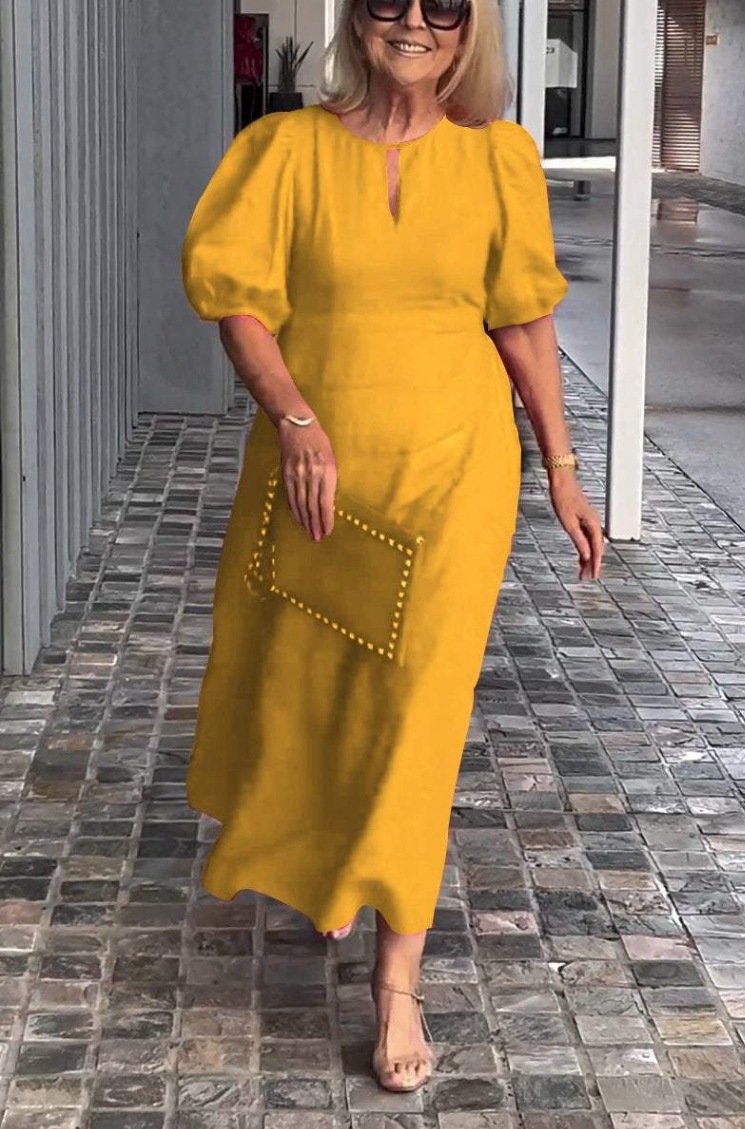 【S-5XL】2024 primavera e verão novo vestido feminino com gola redonda e manga abalonada