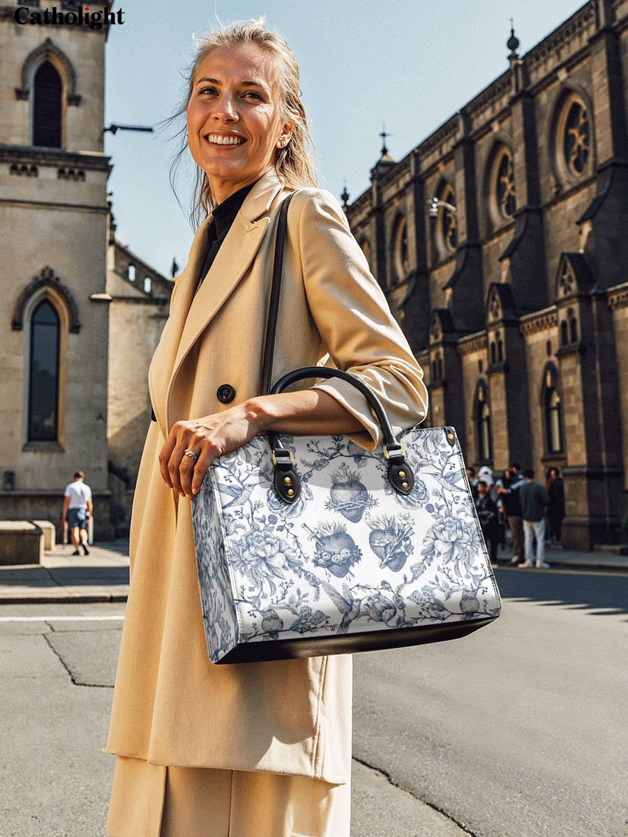 Catholight  Sacred Elegance: Blue and White Devotion Leather Bag
