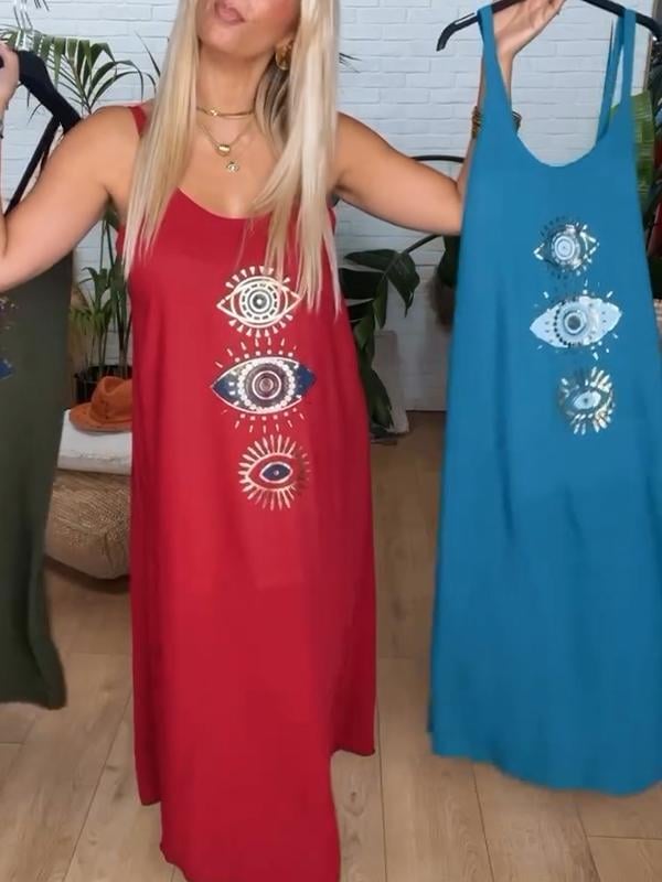 Vestido feminino com decote redondo e suspensório com estampa de olhos