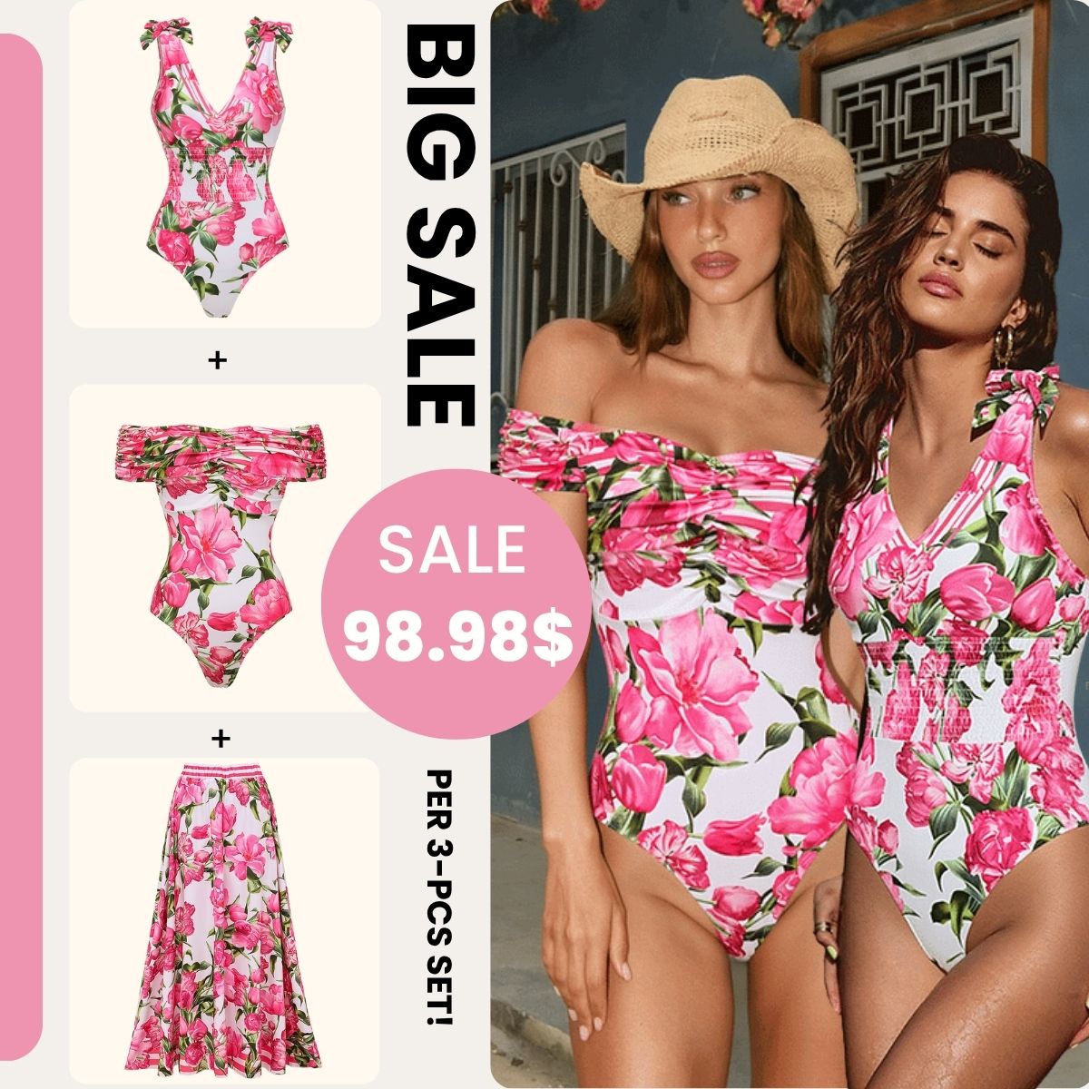 🌼 Tie Shoulder Shirring Flower Print One Piece Swimsuit and Skirt 👙