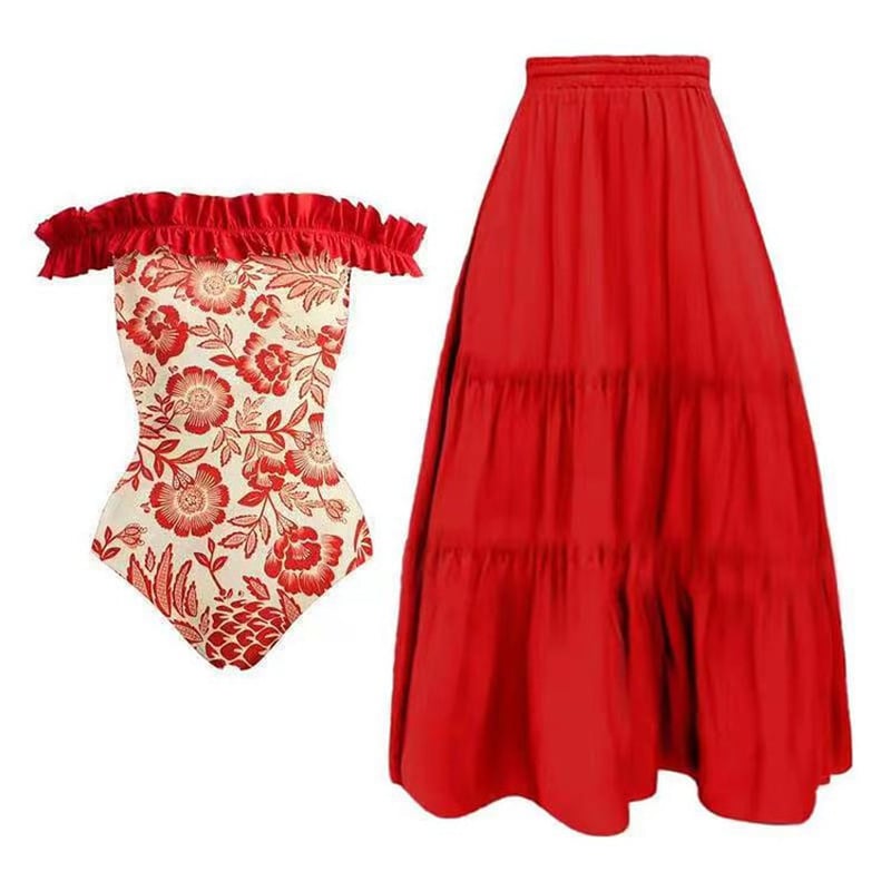 ✨ 2025 New 👙 Red floral print one piece Swimsuit Set