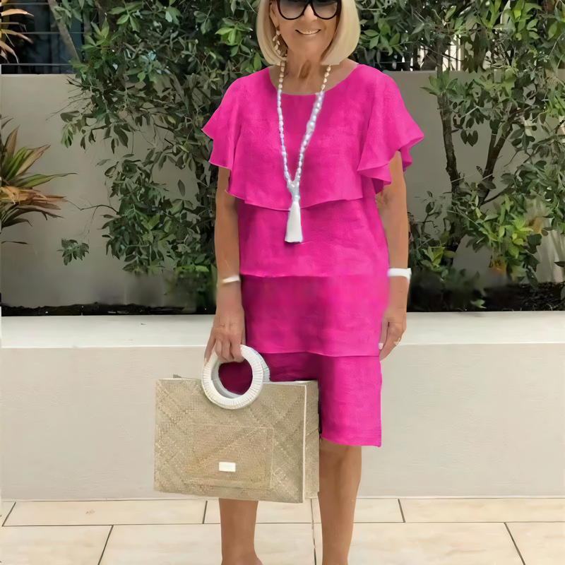 💖Šifoninė suknelė trumpomis rankovėmis ir raukiniais, iki kelių