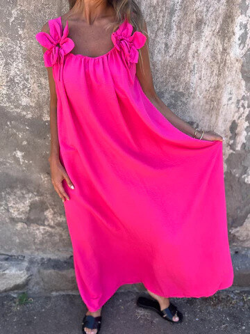 💕Vestido feminino de cor sólida com estampa floral e decote em U