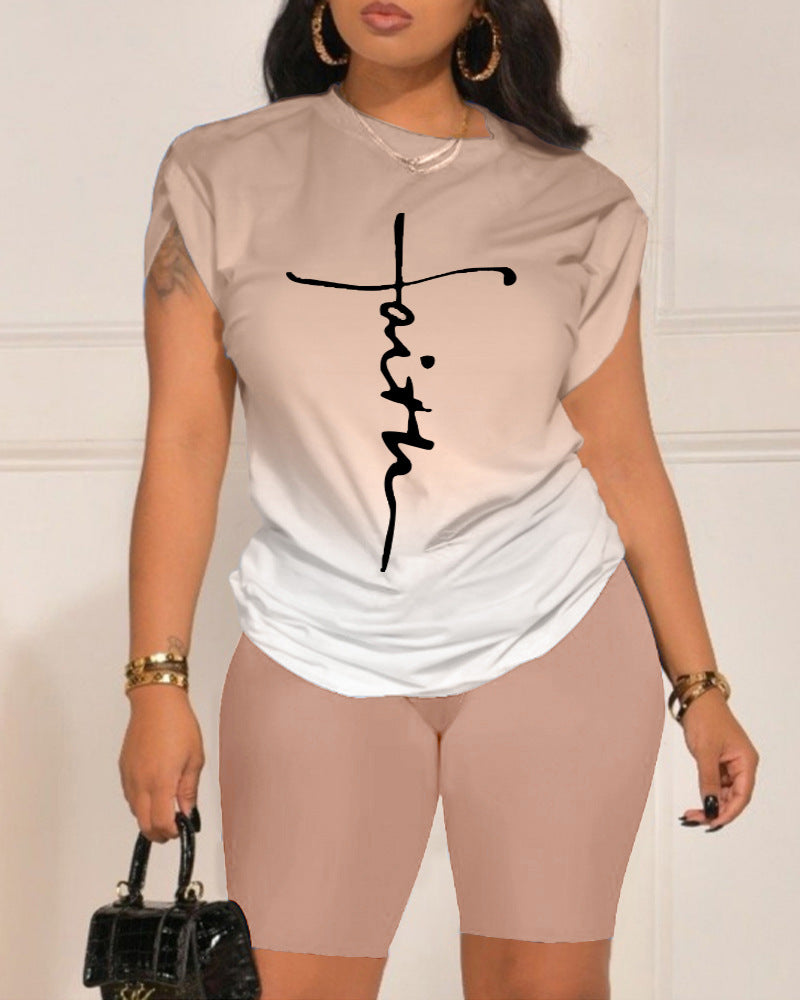 Set da due pezzi casual con stampa di lettere arancioni, girocollo, manica corta