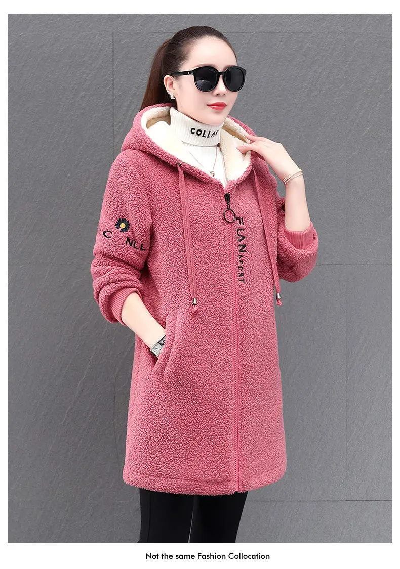 Nova jaqueta larga da moda de inverno feita de lã grossa de cordeiro