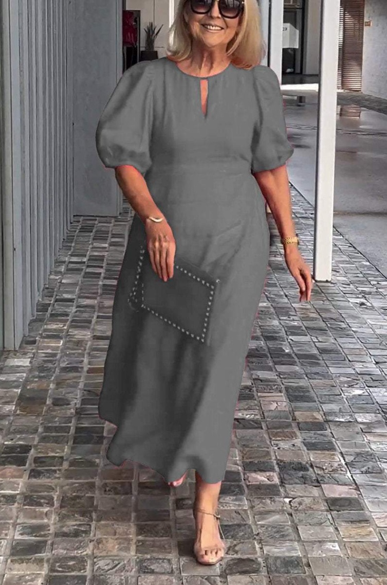 【S-5XL】2024 primavera e verão novo vestido feminino com gola redonda e manga abalonada