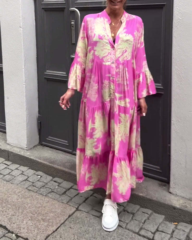 Vestido com decote em V e manga sino estampado com painel solto
