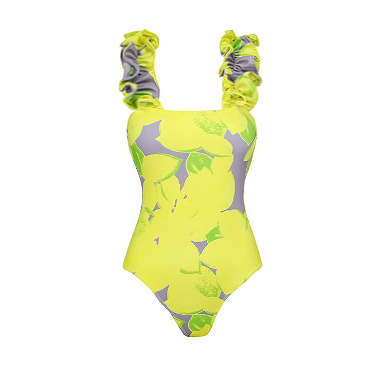 Ruffled Strap Lemon Print One Piece Swimsuit and Sarong 💕