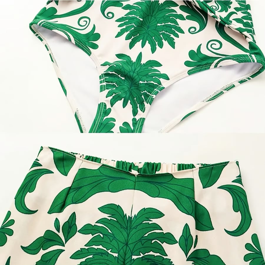 V Neck Print Two Piece Swimsuit Set - Green