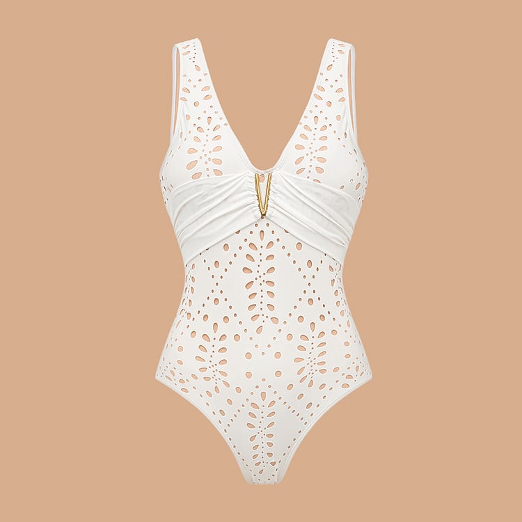 🔥 V Neck Solid Color Laser Cutting Flower One Piece Set