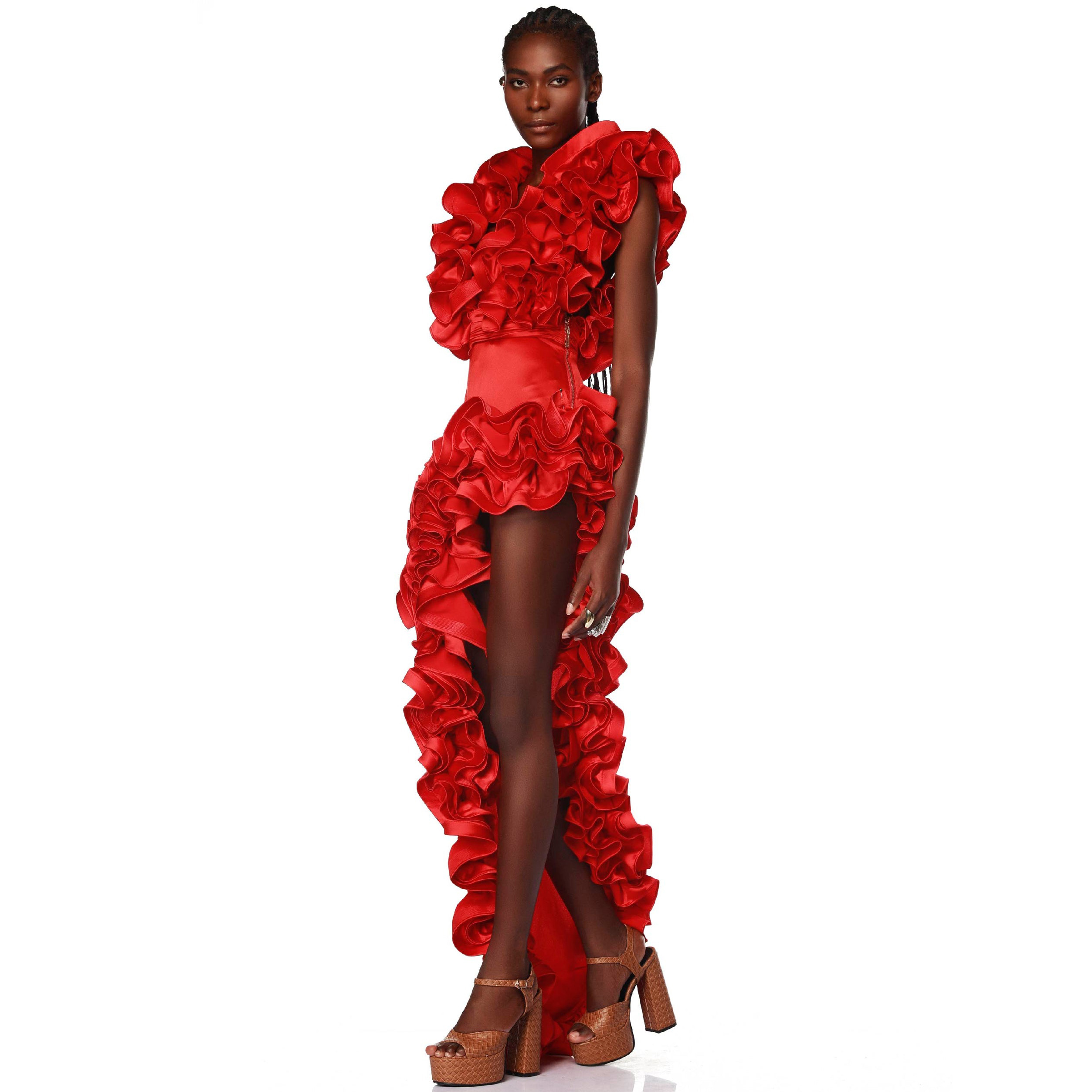 ✨ Red Flower Frilled V Neck One Piece Swimsuit and Skirt