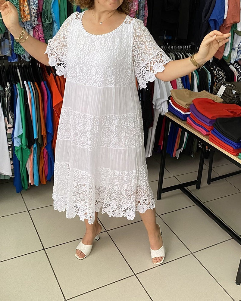 💝Едноцветна дантелена рокля с къс ръкав👗