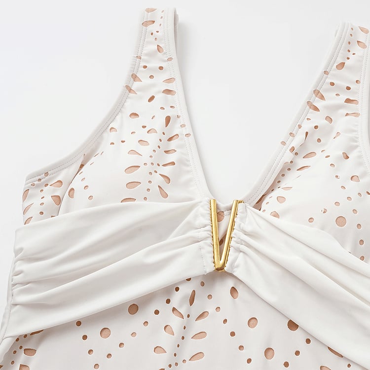 🔥 V Neck Solid Color Laser Cutting Flower One Piece Set