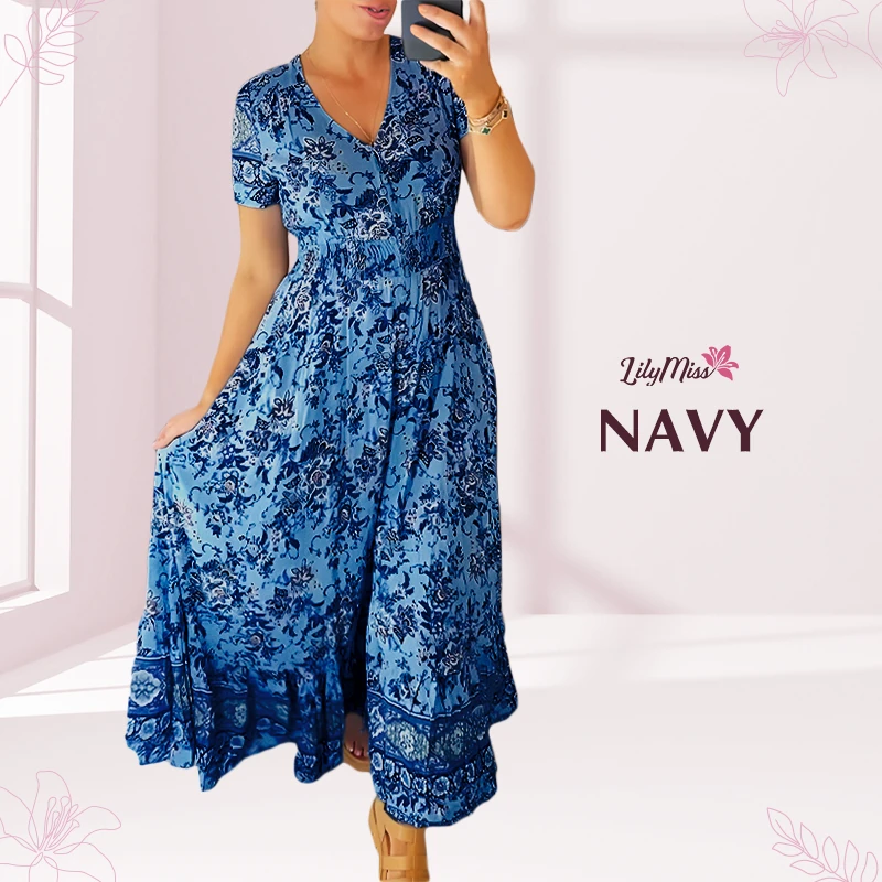 LilyMiss – Vestido maxi floral casual estampado com decote em V e cintura plissada