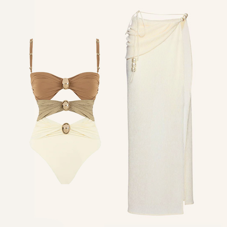 😍 Color Block Cutout One Piece Swimsuit and Sarong