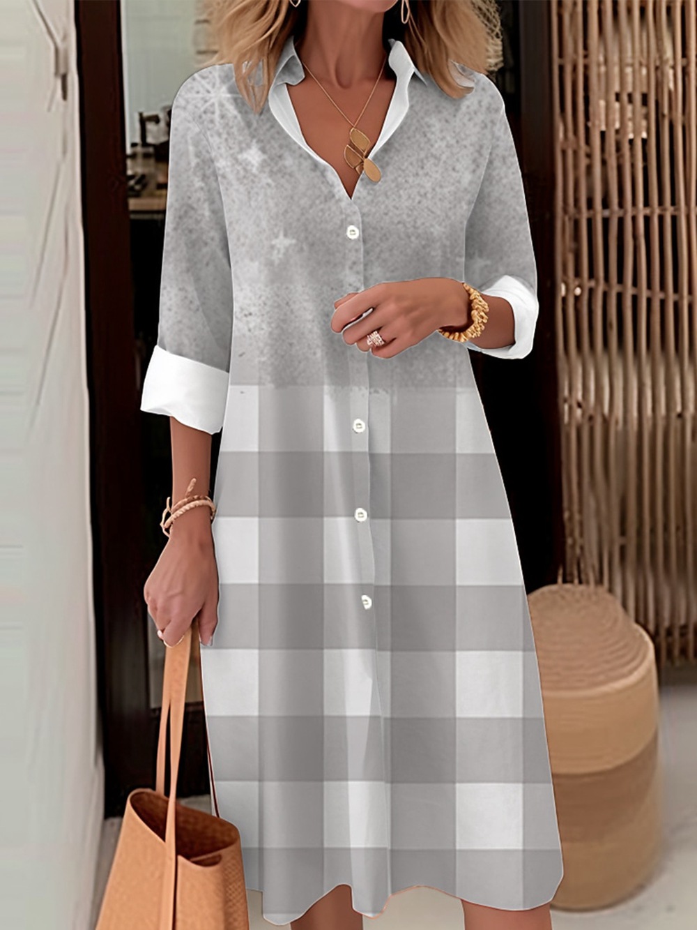 Abito elegante ampio stampato in stile casual scozzese tinta unita