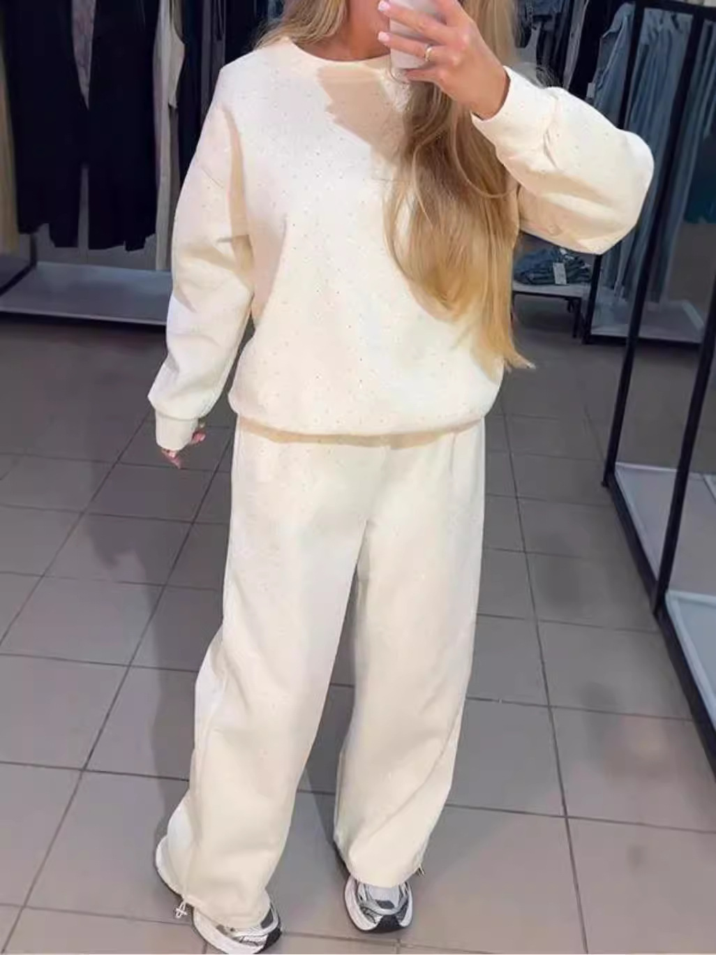 Felpa sportiva casual con scollo tondo e pantaloni jogger da donna, set da 2 pezzi