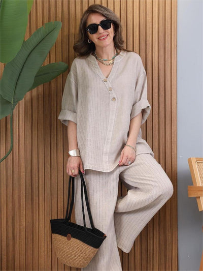 Completo casual da donna in cotone e lino a righe