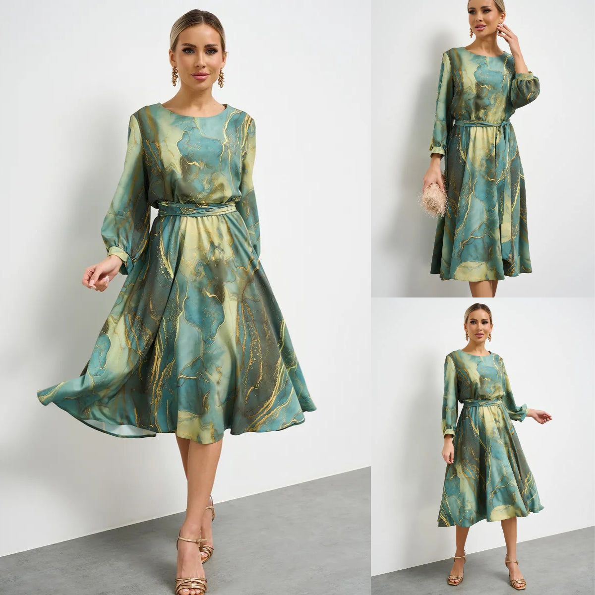 👗【Pavasario fėja】Elegantiška žalia suknelė ilgomis rankovėmis su trumpu sijonu🌸