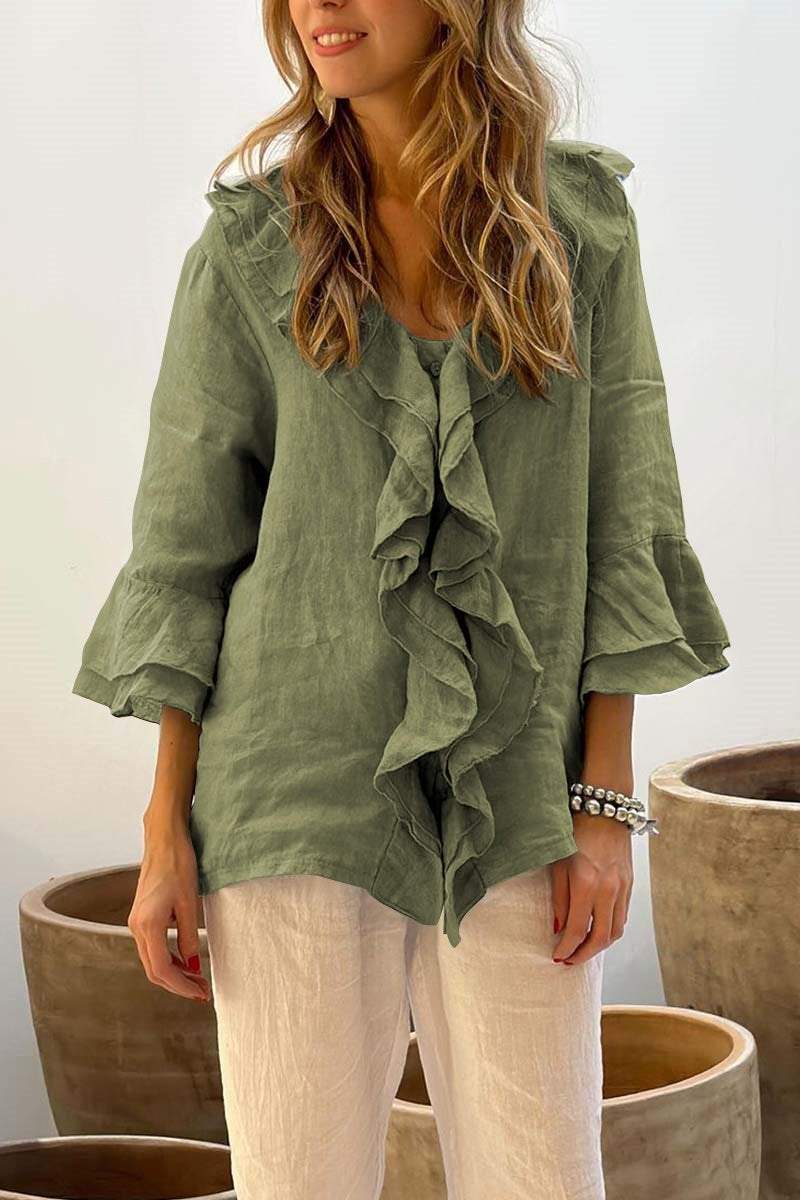 Top casual da donna in cotone e lino con colletto a balze