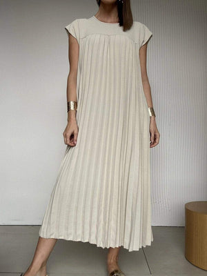 Abito casual da donna con scollo tondo, maniche corte, patchwork plissettato