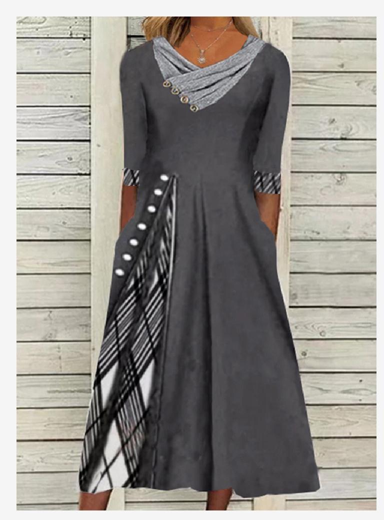 Vestido Balan?o Feminino Vestido Midi Verde Azul Cinza Meia Manga Estampado Floral Primavera Ver?o Decote em V Moda Casual