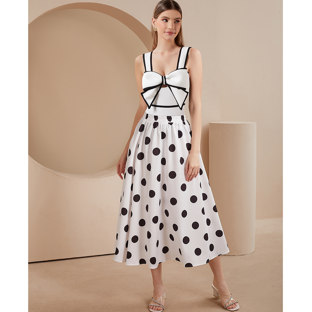 Bow Front Cutout Black and White One Piece Swimsuit and Skirt Flaxmaker