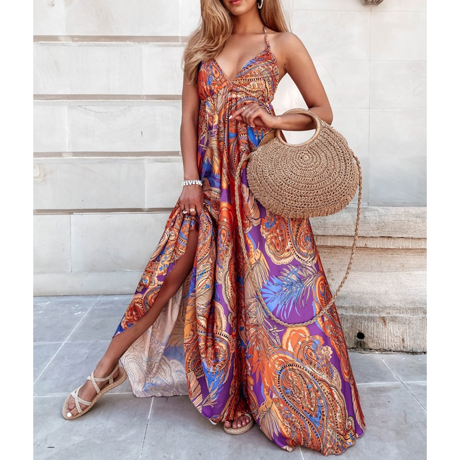 🌼 V Neck Blossom Printed  Backless Sling Dress 👗