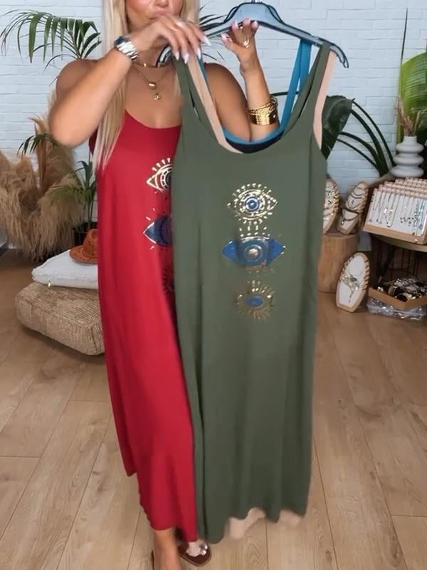 Vestido feminino com decote redondo e suspensório com estampa de olhos