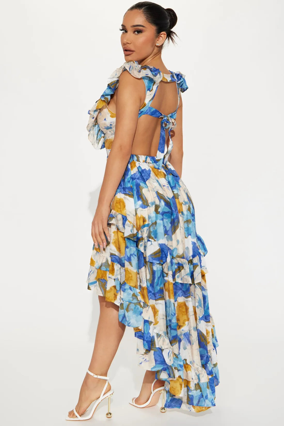 Vestido elegante com decote em V irregular sem costas