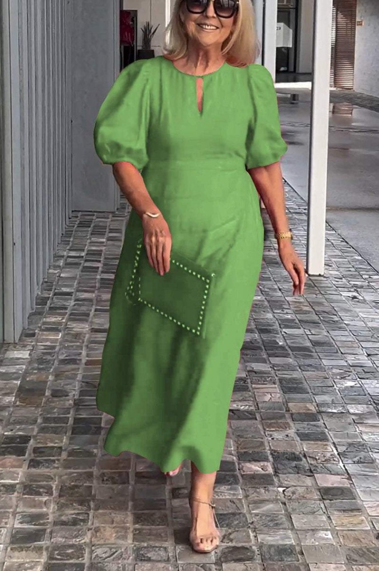 【S-5XL】2024 primavera e verão novo vestido feminino com gola redonda e manga abalonada