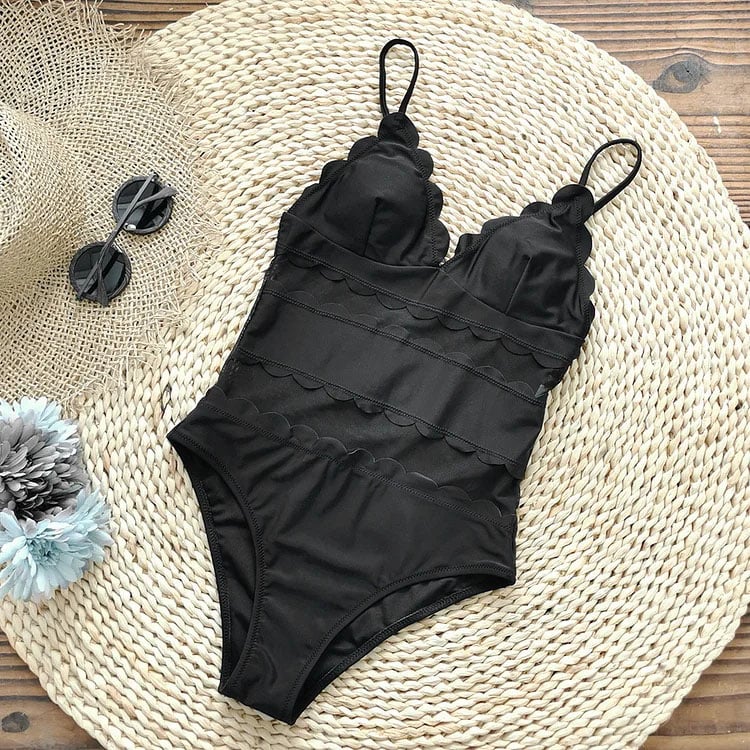 2025 New Mesh Splice Black One Piece Swimsuit Set