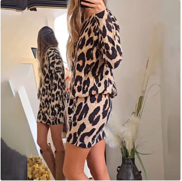 🔥 Elegantna mini haljina s leopard uzorkom s okruglim izrezom