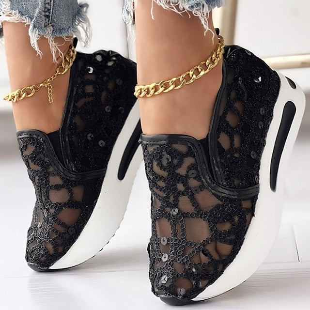 Sapatos de senhora slip-on moda casual verão com lantejoulas