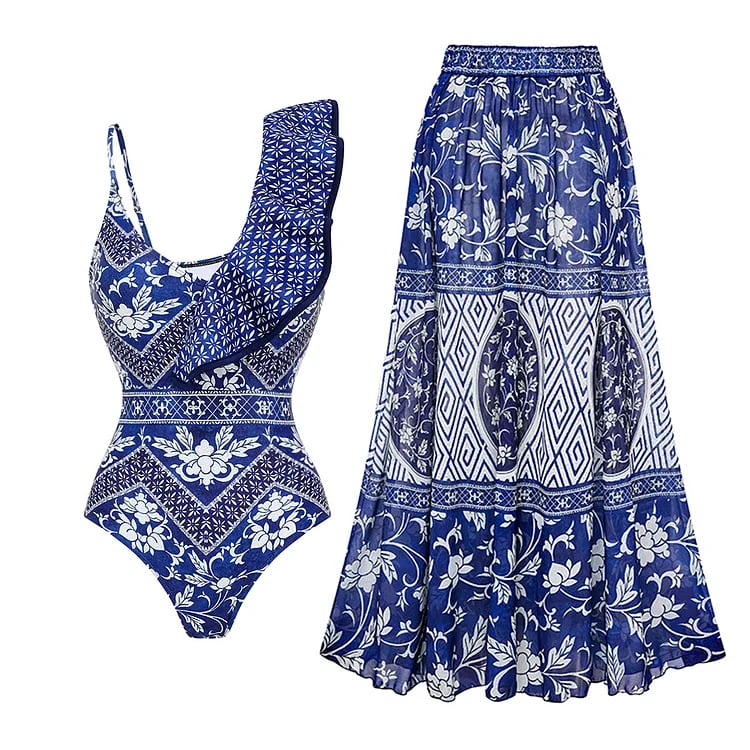 🔥 Summer Glam - V Neck Ruffled Blue Print One Piece Swimsuit Set