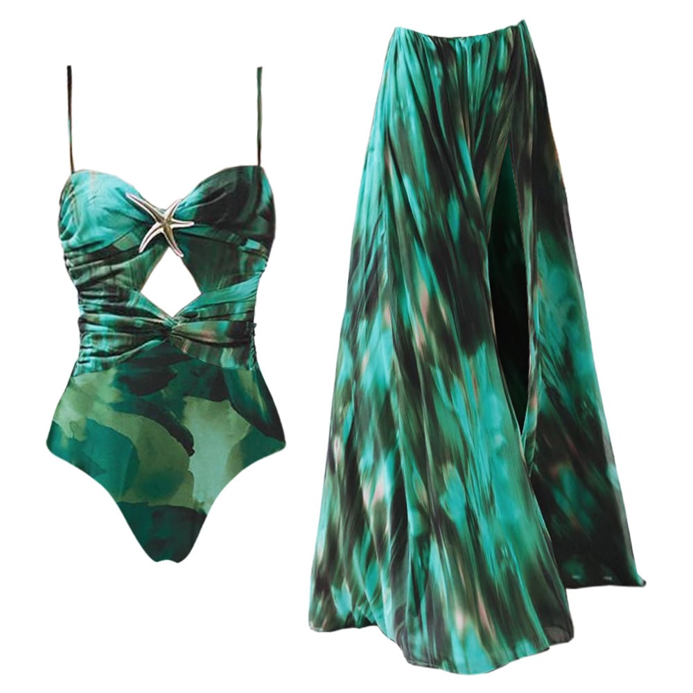 2025 New Starfish Decoration Print Hollow-out Flared Skirt Swimsuit Set