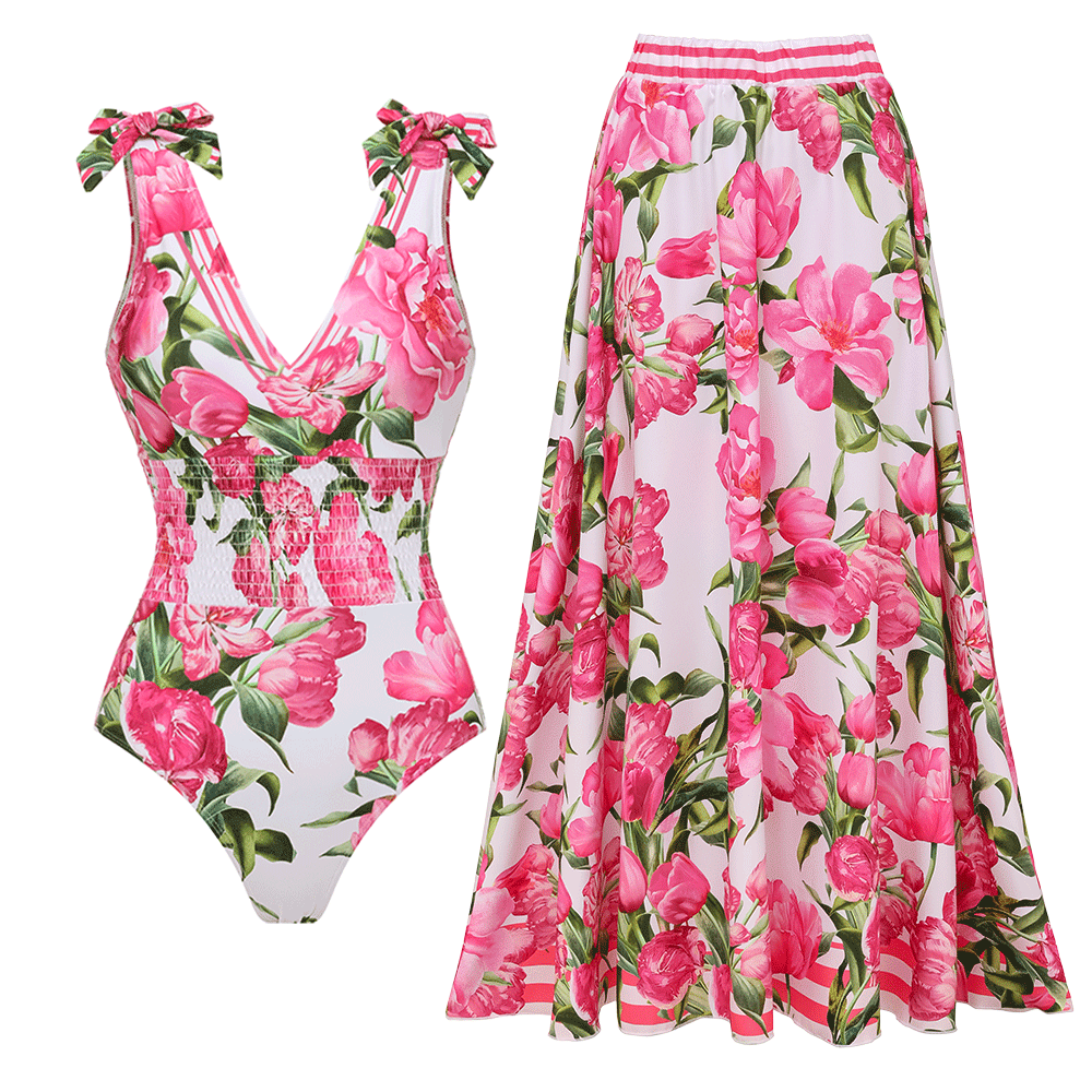 🌼 Tie Shoulder Shirring Flower Print One Piece Swimsuit and Skirt 👙