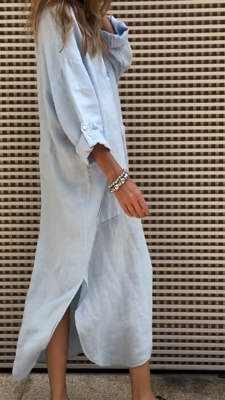 Abito da donna in cotone e lino con scollo a V e maniche lunghe