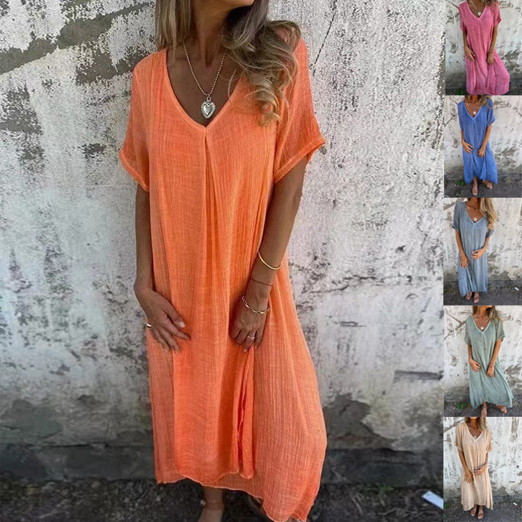 🎁Vestido de algodão e linho com gola pontuda