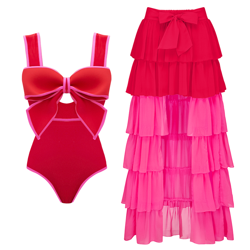 Bow Front Cut Out Color Block One Piece Swimsuit and Skirt 💟