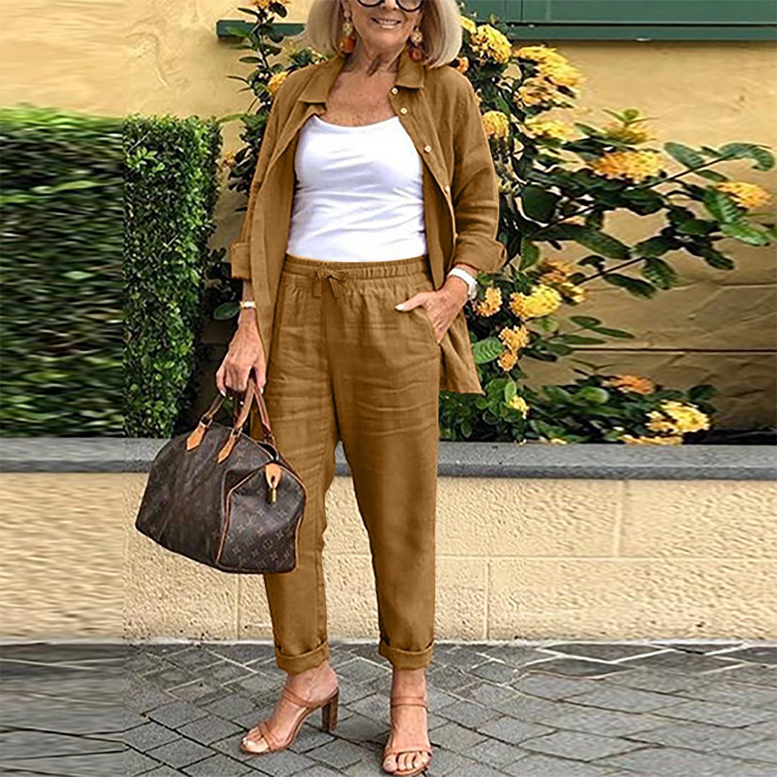 Set camicetta e pantaloni da donna a maniche lunghe in cotone e lino