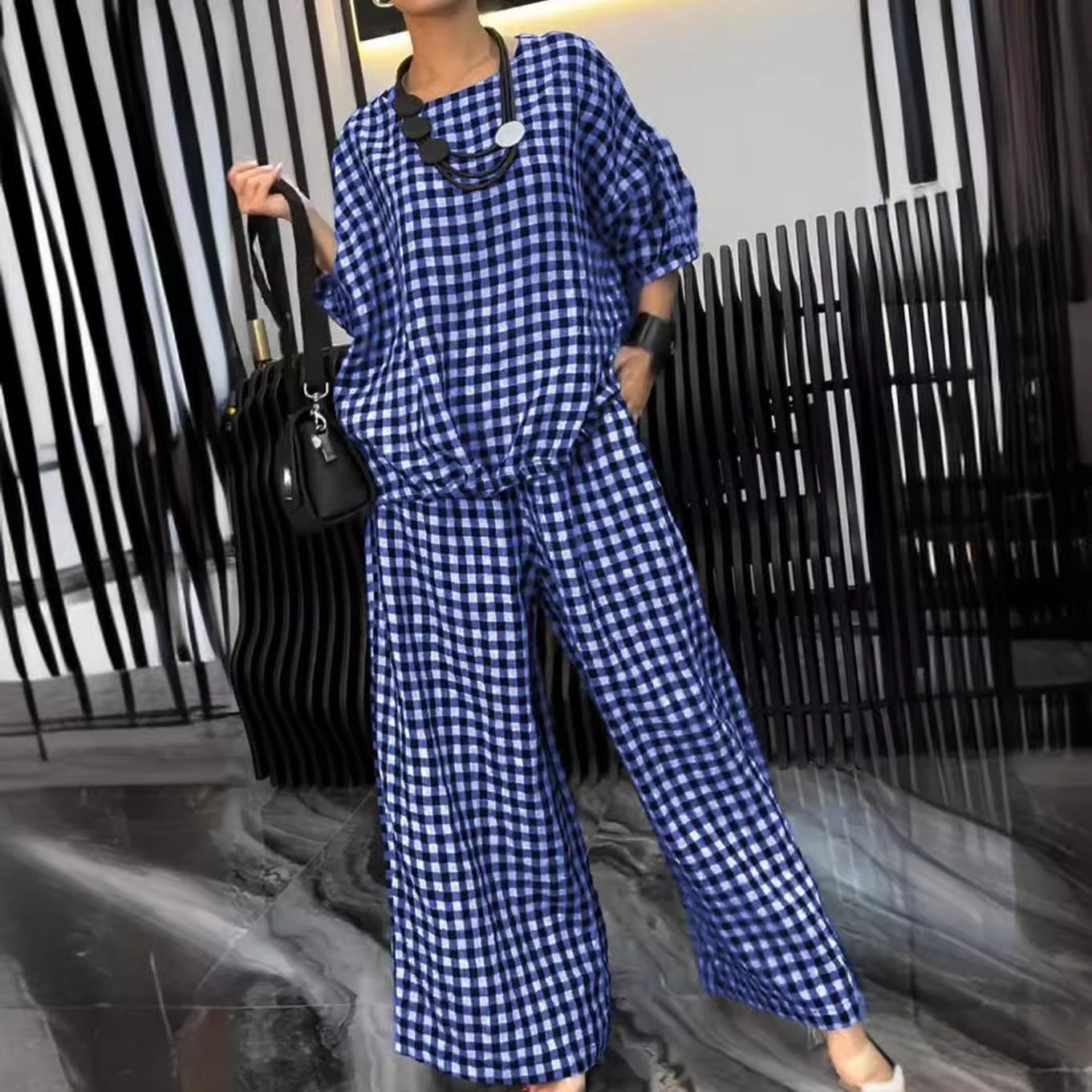 2024 Tailleur pantalone scozzese a gamba larga con coulisse sul retro
